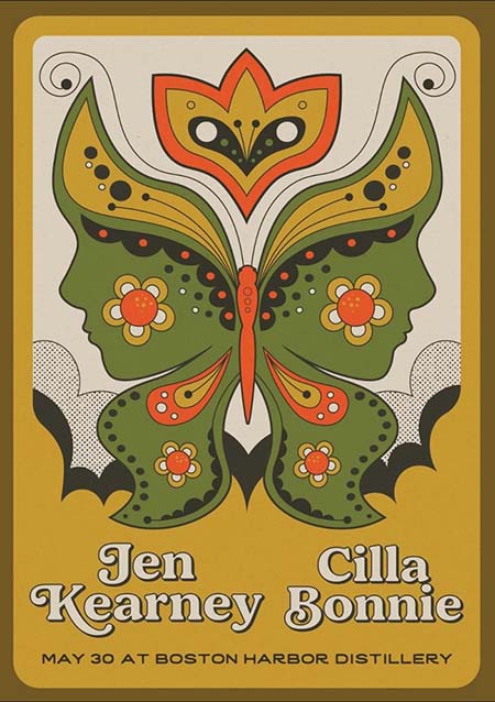 Image of poster for Jen Kearney and Cilla Bonnie at Boston Harbor Distillery