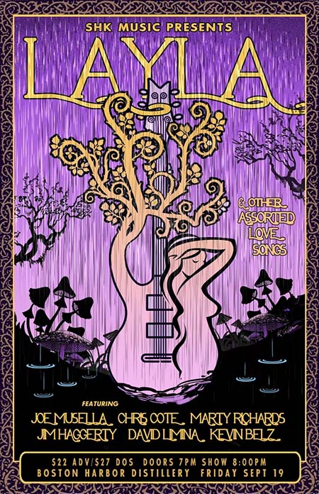 Image of a poster featuring the words LAYLA at the top and a guitar that is made of a tree and a woman promoting Joe Musella's show at Boston Harbor Distillery