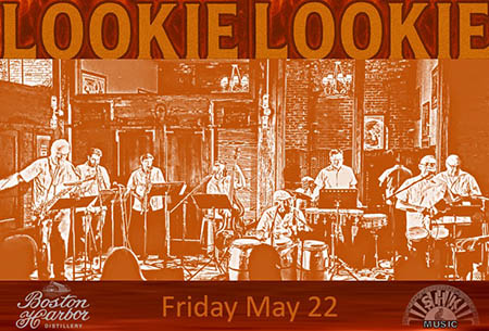 Image of Lookie Lookie with an orange tint over the image. The words Lookie Lookie above and Friday May 22 below with the logos for Boston Harbor Distillery and SHK Music