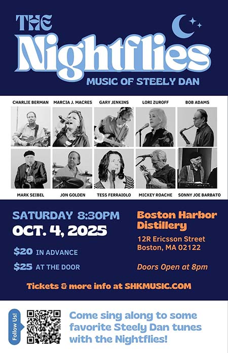 Image ofa poster with The Nightflies Music of Steely Dan in blue and white letters above individual images of the bandmembers promoting their show at Boston Harbor Distillery on Oct. 4
