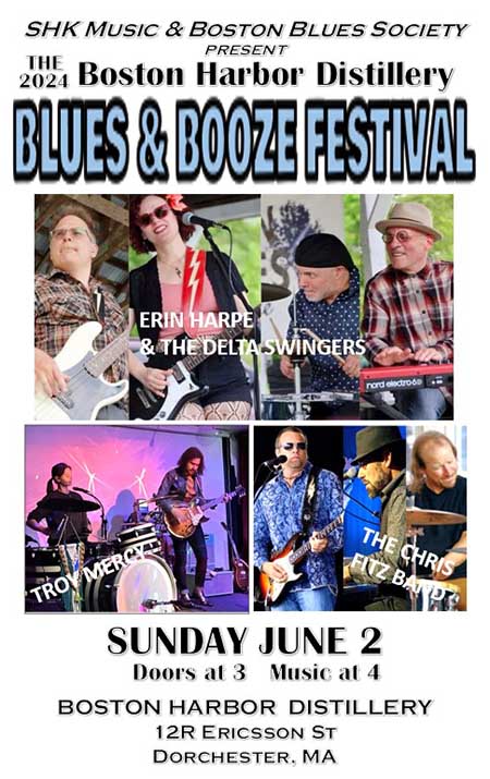 Image of flyer for Booze and Blues Festival at Boston Harbor Distillery