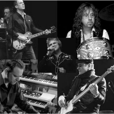 Image of 5 men playing musical instruments in black & white