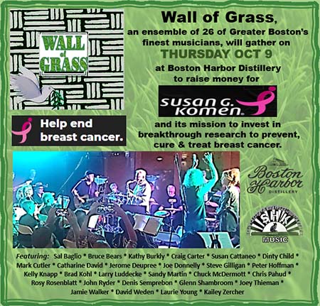 Image of a flyer for Wall fo Grass benefit promoting their show at Boston Harbor Distillery on Oct. 9